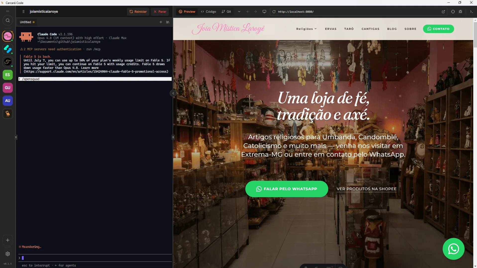 Carcará Code đang chạy: thanh dự án bên trái, chat Claude Code ở giữa và trang web xem trước trực tiếp bên phải